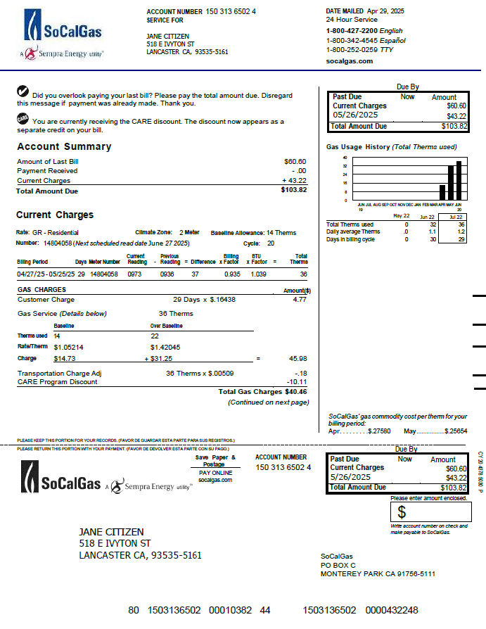 USA So Cal Gas utility bill template in Word and PDF formats, version 3